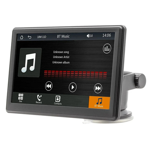 7-inch wireless car stereo touchscreen displaying media controls and playback options for car DVR use.