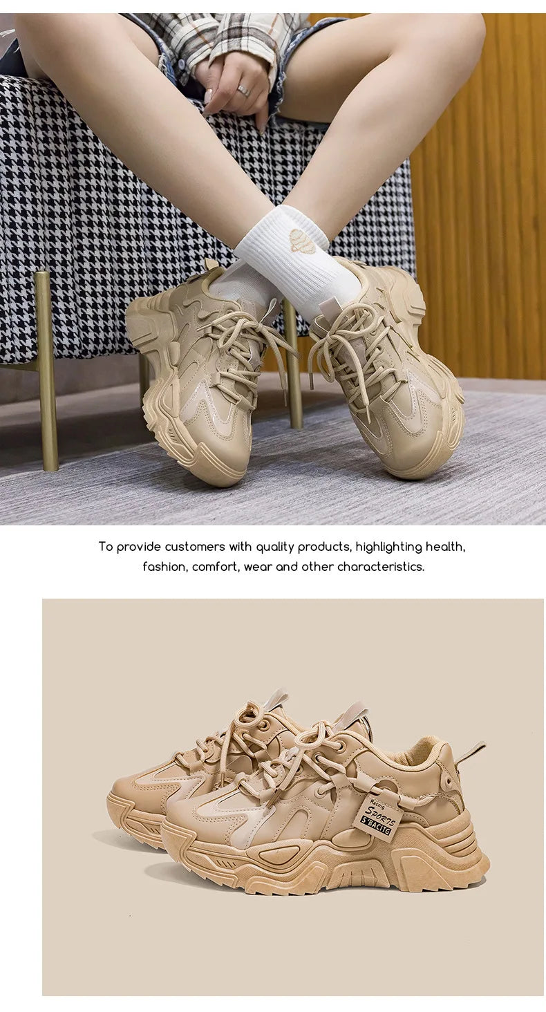 Women's Platform Leather Sneakers – Versatile Black Lace-Up (2025)