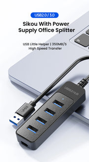 High Speed USB Hub 4 Ports USB 3.0 with Cable Type C Splitter Use Power Adapter Multiple Socket For PC Laptops Notebook Computer