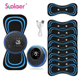 Mini portable EMS neck massager kit with round controller, adhesive pulse pads and USB charging cable