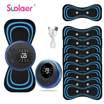 Mini portable EMS neck massager kit with round controller, adhesive pulse pads and USB charging cable