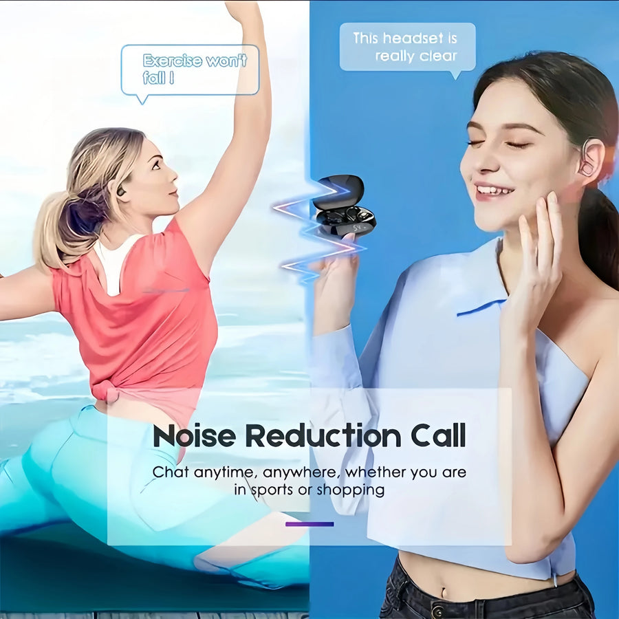 Two women wearing open ear clip-on earbuds highlighting noise reduction call quality