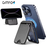 MagSafe wallet with stand attached to the back of a smartphone, folded open as a kickstand