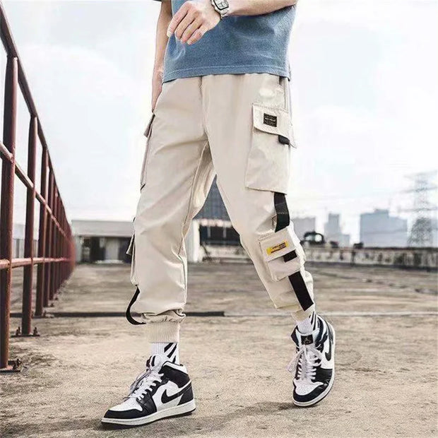 Joggers Cargo Pants for Men Casual Hip Hop Hit Color Pocket Male Trousers Sweatpants Streetwear Ribbons Techwear Pants