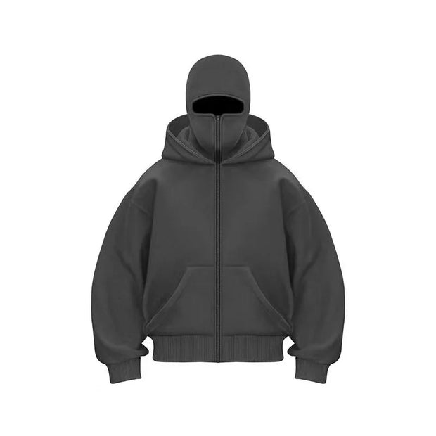 Men's Balaclava Zip Hoodie with Face Mask Winter Warm Zipper Sweatshirt Oversized Hooded Sports Jacket for Outdoor Activities