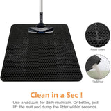 Black honeycomb double-layer cat litter trapping mat with easy cleaning features, Clean in a Sec graphic on a white background