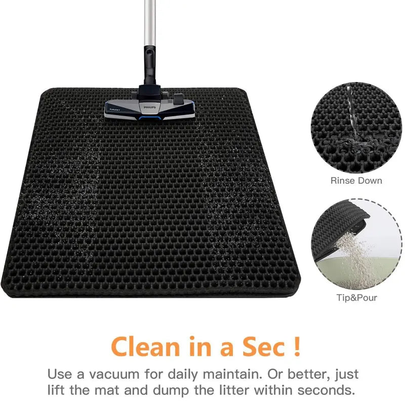 Black honeycomb double-layer cat litter trapping mat with easy cleaning features, Clean in a Sec graphic on a white background