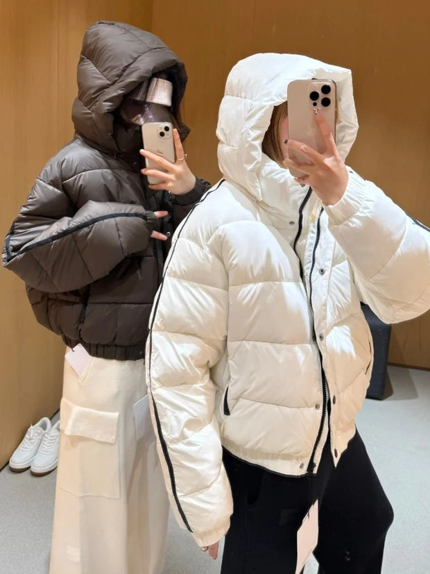 White Winter Jacket for Women Fashion Long Sleeve Hooded Bread Cotton Clothes Female Leisure Thick Warm Padded Coat Women