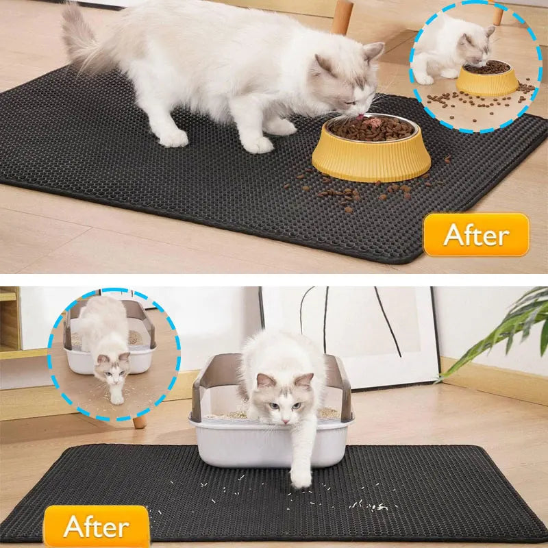 Cat using a black mat to eat from a bowl and later use a litter box on the same mat.