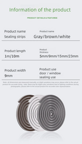Specification chart and coiled sealing strip showing available sizes