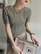 Women's white pleated short sleeve top, O-neck loose fit blouse