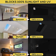 Image showcasing blackout window tint performance in bedroom, skylight, and touring car environments.