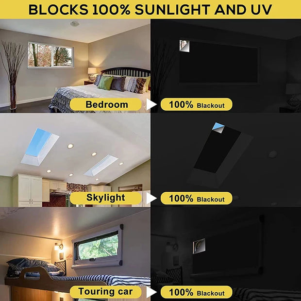 Image showcasing blackout window tint performance in bedroom, skylight, and touring car environments.