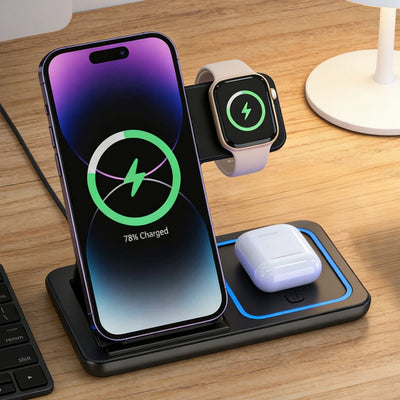 Foldable 3-in-1 Wireless Charger – for iPhone 17-12 Pro Max, iWatch & AirPods Pro