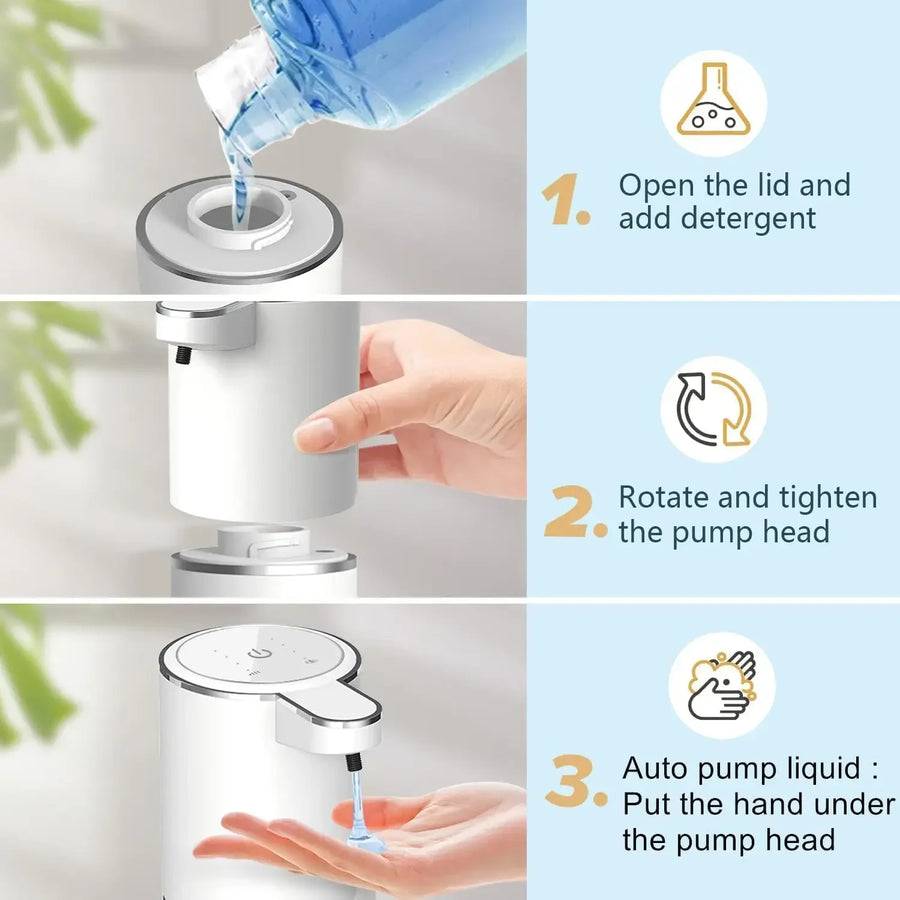 Step-by-step guide on using a soap dispenser with images and text instructions.