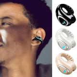 Man wearing open-ear clip-on earbud, shown in black, white and pink colors