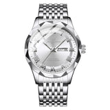 Men's minimalist quartz leisure watch – silver wristwatch with detailed face on white background