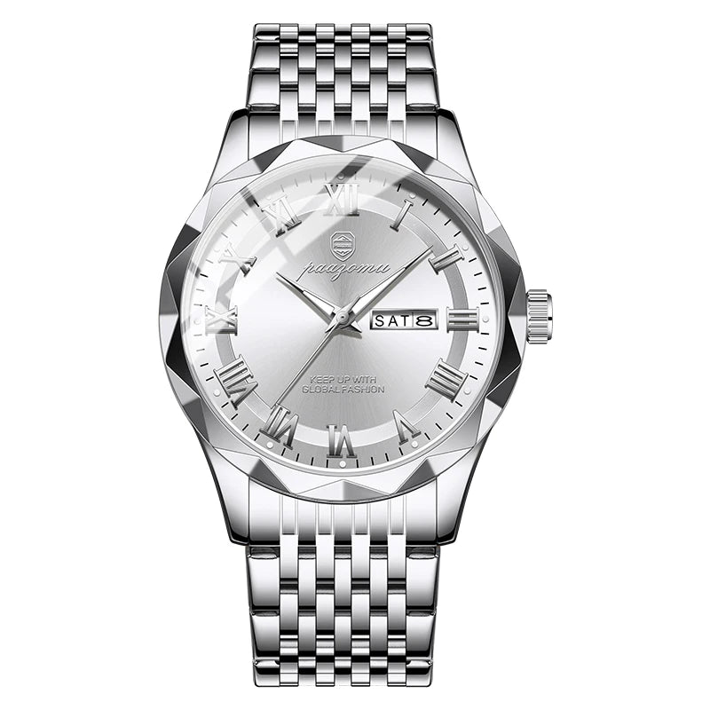Men's minimalist quartz leisure watch – silver wristwatch with detailed face on white background