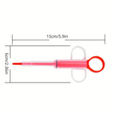 Pink pet pill feeder with size measurement chart and labeled dimensions – soft tip pill syringe for dogs and cats