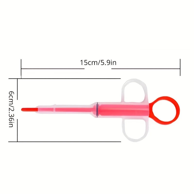Pink pet pill feeder with size measurement chart and labeled dimensions – soft tip pill syringe for dogs and cats