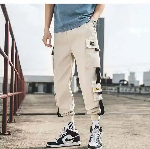 Joggers Cargo Pants for Men Casual Hip Hop Hit Color Pocket Male Trousers Sweatpants Streetwear Ribbons Techwear Pants