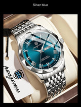 Men's minimalist quartz leisure watch – silver and blue watch with brand tag on beige surface