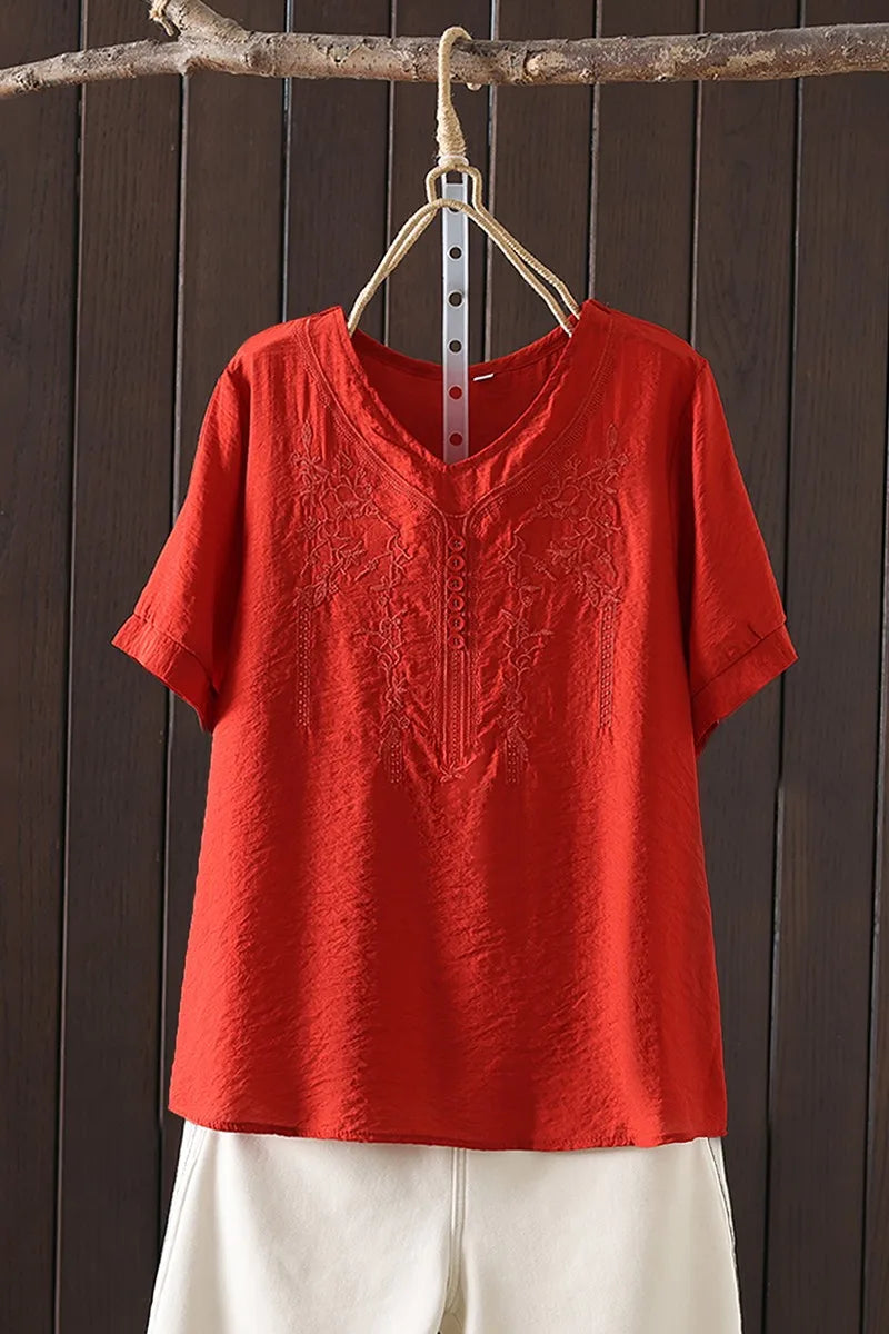 Women's Cotton Linen Embroidered Top – Vintage Casual Shirt