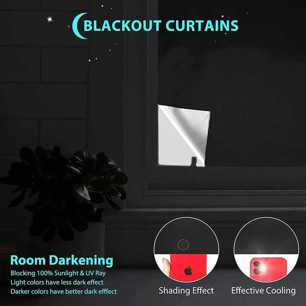 Blackout curtains blocking sunlight and UV rays, showcasing shading effect and effective cooling for room darkening.