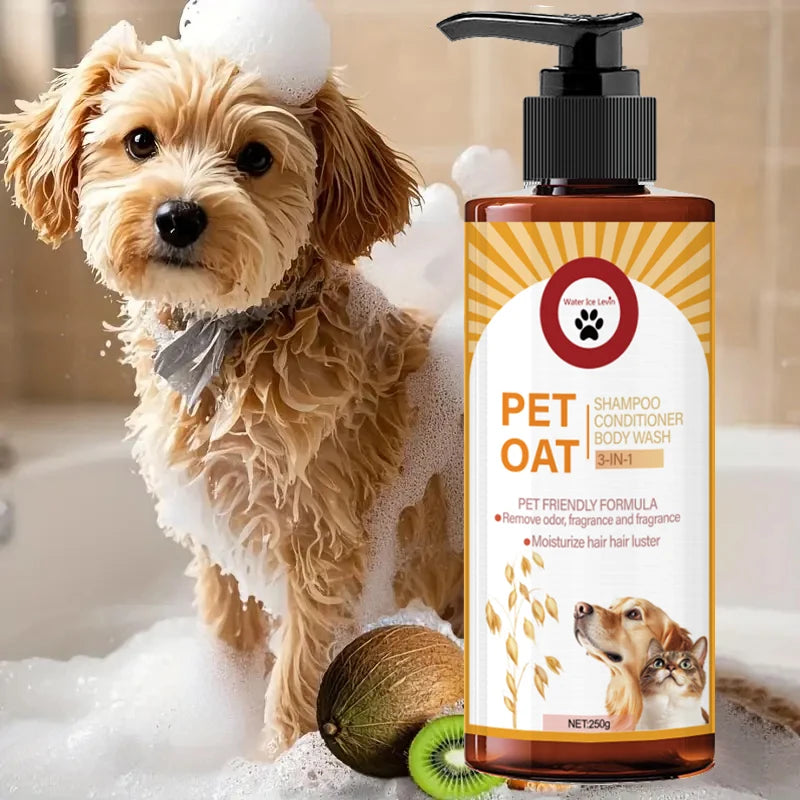 Deodorizing pet shampoo for dogs and cats – dog in bath with Pet Oat 3-in-1 shampoo, conditioner and body wash bottle, kiwi and coconut