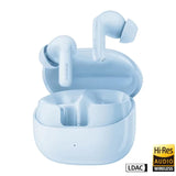 Blue wireless earbuds with charging case on a white background