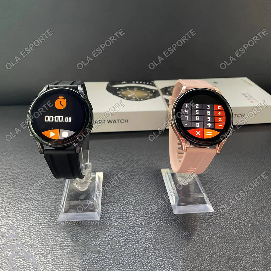Two Women's Smart Watch 6 smartwatches on display stands with branded box in background