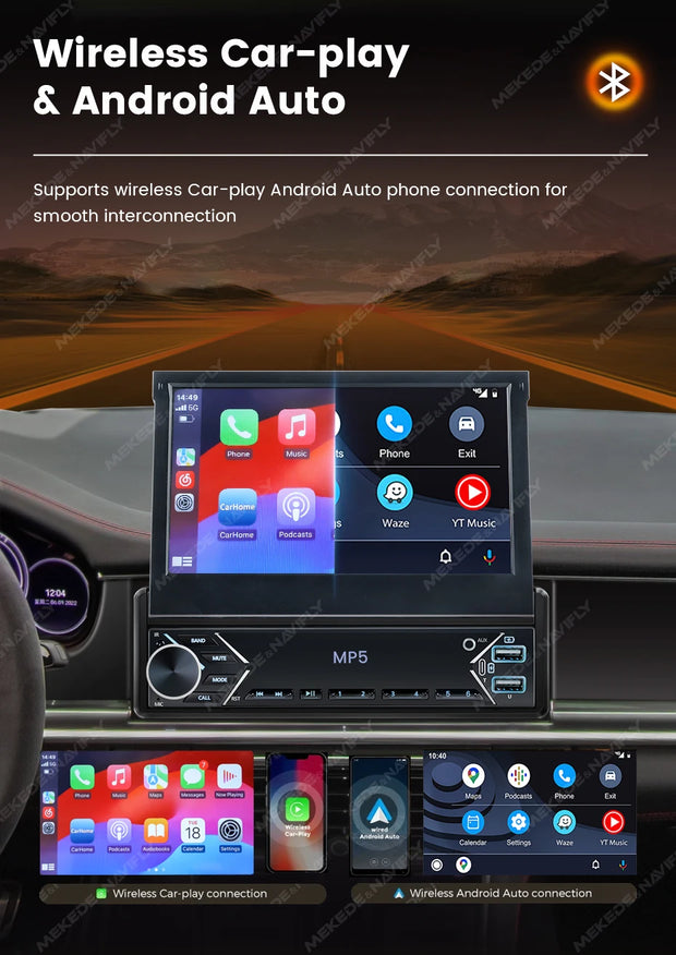 New Carplay Android Auto 1Din 7'' Retractable Universal Car Stereo Radio TouchScreen MP5 Player Intelligent Vehicle System BT FM