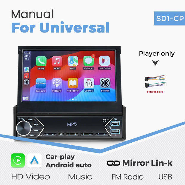 New Carplay Android Auto 1Din 7'' Retractable Universal Car Stereo Radio TouchScreen MP5 Player Intelligent Vehicle System BT FM