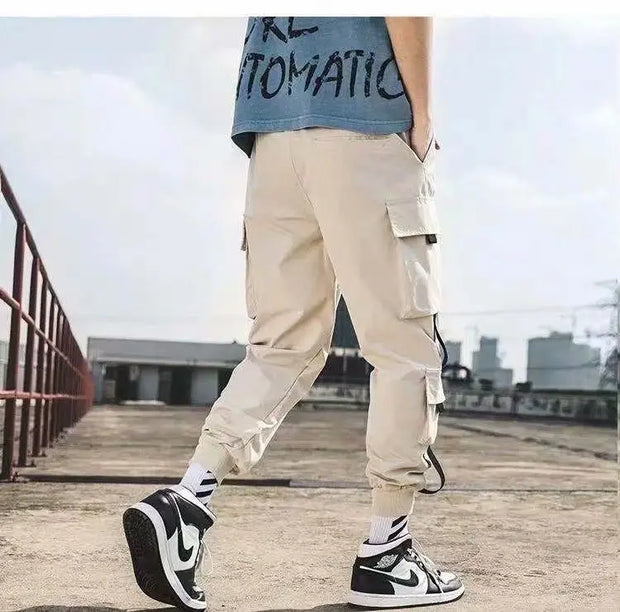 Joggers Cargo Pants for Men Casual Hip Hop Hit Color Pocket Male Trousers Sweatpants Streetwear Ribbons Techwear Pants