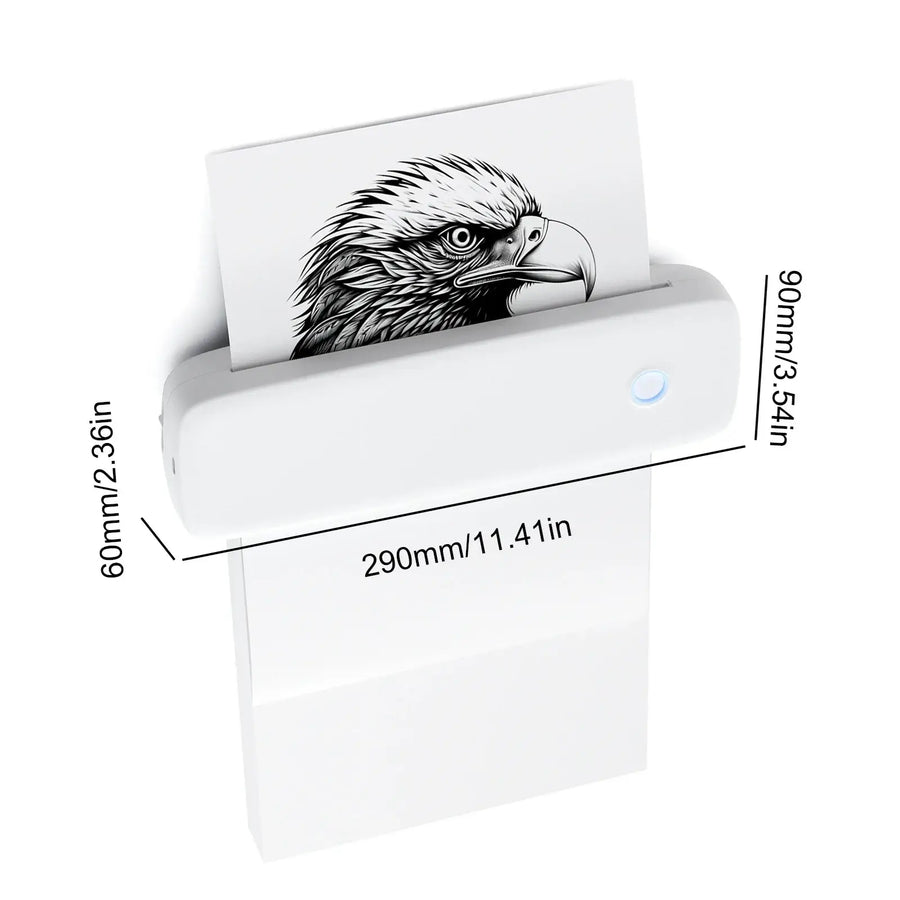 Small portable Bluetooth thermal label printer with printed eagle image showing dimensions — wireless inkless label maker