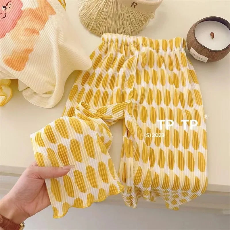 Kids Cartoon Print Clothing Set – Short Sleeve Top + Polka Dot Wide Leg Pants