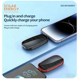 Solar energy portable power supply with charging ports and smartphone on a blue background