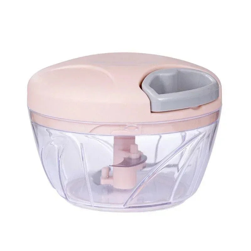 Handheld manual vegetable chopper with pink top and clear container