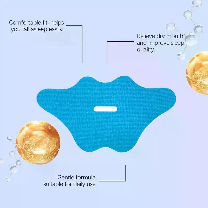 Anti-Snoring Sleep Tape - blue mouth-shaped sleep tape centered on pale lavender background with callouts