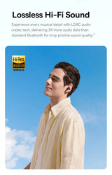 Person wearing wireless earbuds – lossless Hi-Fi sound, LDAC audio