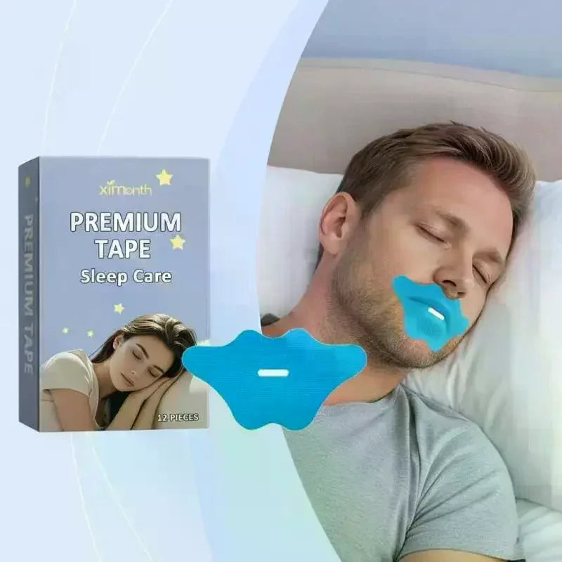 Anti-Snoring Sleep Tape - man sleeping in bed with blue sleep tape over his mouth, alongside product box
