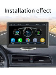 7-inch wireless car stereo touchscreen installation effect in a car dashboard with user interface displayed.