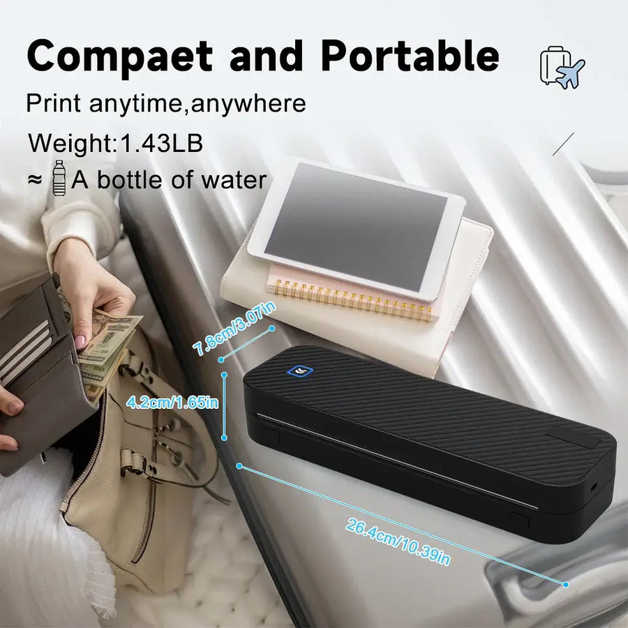 Compact portable thermal printer with dimensions and weight information — wireless Bluetooth inkless A4 mini printer size specs