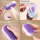 Purple 3-in-1 pet steam brush feature collage – one-click spray, 360-degree rotating handle, soft massage bristles, and USB rechargeable charging port