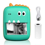 Dinosaur-shaped mini Bluetooth thermal label printer with paper roll and cable on white background