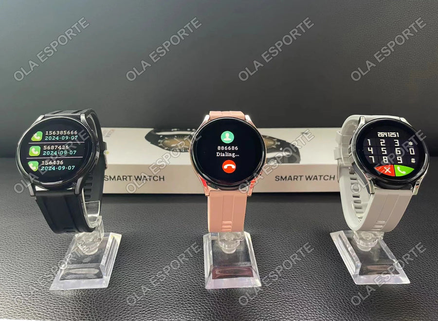 Women's Smart Watch 6 smartwatches on display stands with branded box in background