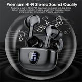 Wireless earbuds with charging case on a dark background with sound wave graphics.