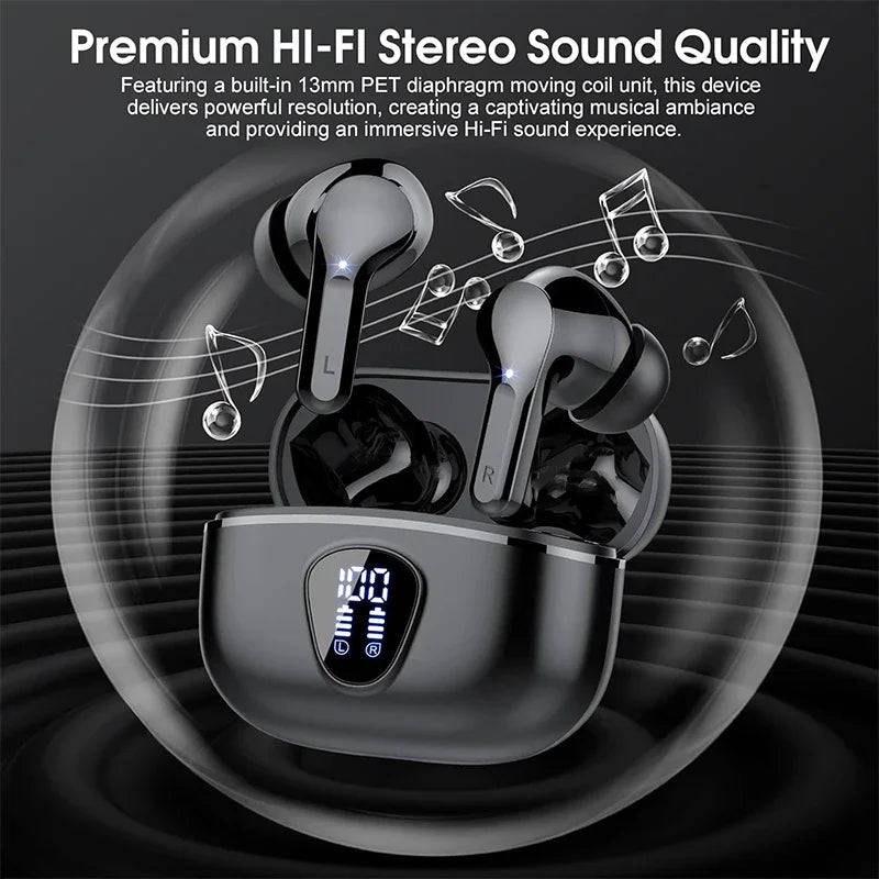 Wireless earbuds with charging case on a dark background with sound wave graphics.