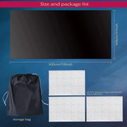 Blackout window tint size and package list including adhesive tape and storage bag, designed for privacy and sun blocking.