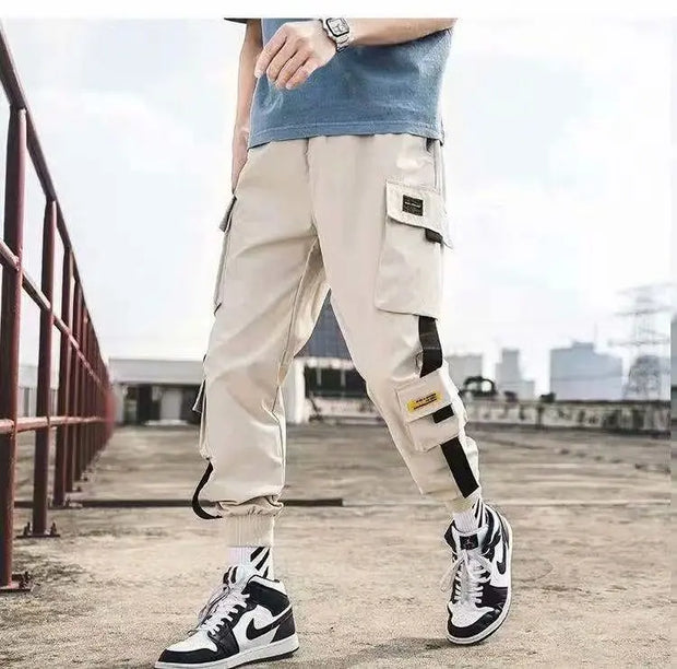 Joggers Cargo Pants for Men Casual Hip Hop Hit Color Pocket Male Trousers Sweatpants Streetwear Ribbons Techwear Pants